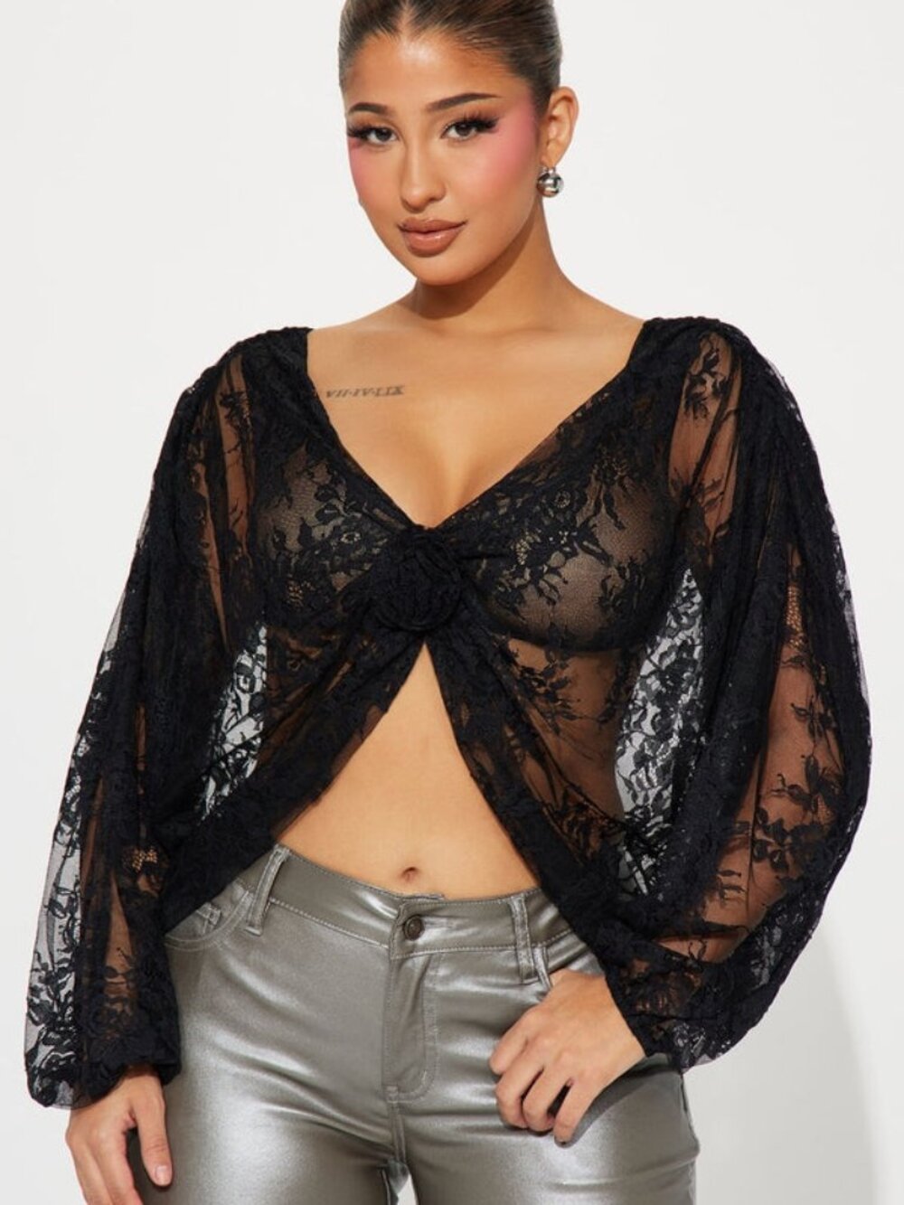 25$ Eloise Crochet Lace Party Cocktail Blouse Top Women's Size 6 Black